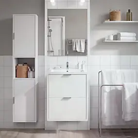 Meuble sous vasque suspendu blanc l.60 cm GoodHome Nava + plan vasque blanc céramique Opah