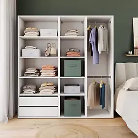 Dressing ouvert blanc double penderie avec 2 tiroirs et 8 tablettes, H.187 x L.175 x P.45 cm, GoodHome Atomia