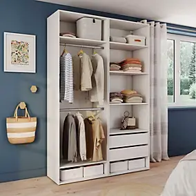 Dressing ouvert blanc double penderie avec 2 tiroirs l.71,4 cm et 6 tablettes, H.225 x L.150 x P.45 cm, GoodHome Atomia