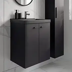 Meuble sous vasque suspendu noir mat l.50 cm 2 portes Imandra + plan vasque faible profondeur noir Nira, GoodHome