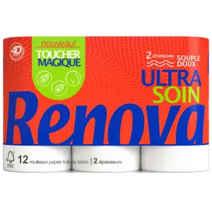 RENOVA Papier toilette blanc souple et doux 2 épaisseurs 12 rouleaux