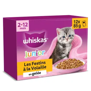 WHISKAS Les festins Sachets repas pâtée en gelée 4 variétés pour chaton 12x85g