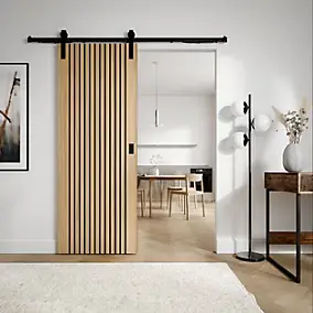 Porte coulissante effet tasseaux bois design contemporain avec kit de fixation, 73 x 210 cm, Radex Lamarro