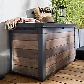 Coffre de jardin résine effet bois noyer 380 L, l.122,9 x H.70,9 x P.62,1 cm, Keter Walnut Signature