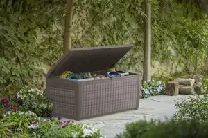 Coffre de rangement gris 511 L en polypropylène imitation résine tressée 145 × 73 × 64 cm
