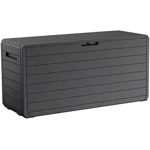 Coffre 270L en résine noire finition imitation bois pour rangement extérieur ATLAS
