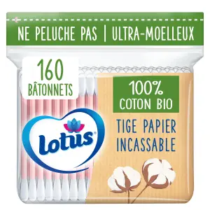 LOTUS Cotons-tiges en sachet 100% coton biologique 160 bâtonnets
