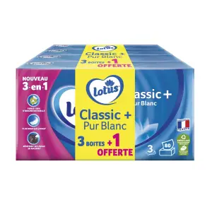 LOTUS Boite de mouchoirs blancs classic+ 3 épaisseurs 3 boites + 1 offert