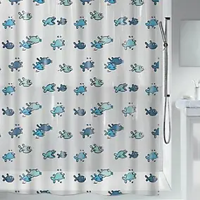 Rideau de douche L.180 x H.200 cm bleu et blanc, motifs poissons, en polyéthylène vinyle acétate Spirella Hugo
