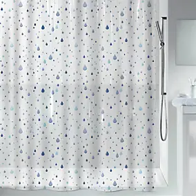 Rideau de douche L.180 x H.200 cm bleu et blanc, motifs gouttes, en polyéthylène vinyle acétate Spirella Waterdrop