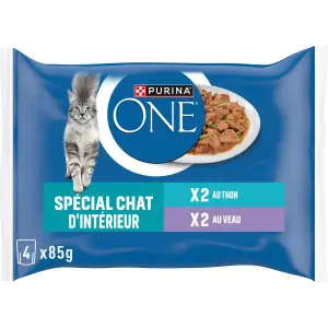 PURINA ONE Sachets repas thon veau pour chat d'intérieur 4 sachets 4x85g