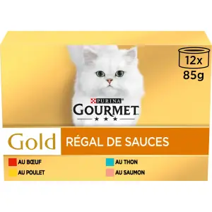 GOURMET Gold Régal de sauces boîtes de pâtée viandes poissons pour chat 12 boîtes 12x85g