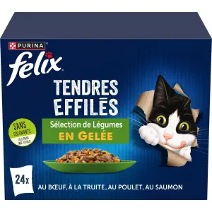FELIX Sachets repas tendres effilés viandes et poissons sélection de légumes en gelée pour chat 24 sachets 24x85g