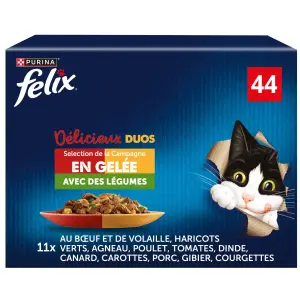 FELIX Délicieux duos Sachets repas sélection de campagne avec des légumes en gelée pour chat 44 sachets 44x85g