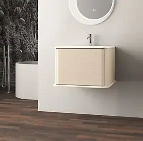 Meuble sous-vasque à suspendre l.61 cm avec plan vasque résine, beige coton, Idra
