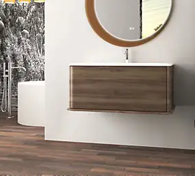 Meuble sous-vasque à suspendre l.95 cm avec plan vasque résine, effet noyer, Idra