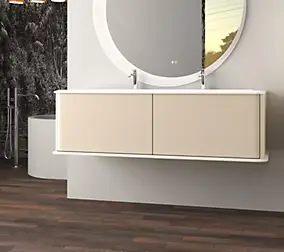 Meuble sous-vasque à suspendre l.141 cm avec plan vasque résine, beige coton, Idra