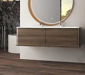 Meuble sous-vasque à suspendre l.141 cm avec plan vasque résine, effet noyer, Idra