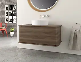 Meuble sous-vasque à suspendre l.95 cm avec plan de toilette et vasque à poser, effet noyer, Idra