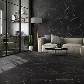 Carrelage sol et mur en grès cérame effet marbre noir mat L.60 x l.30 cm x ép.9 mm, Tresor