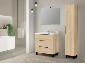 Ensemble meuble 3 tiroirs effet bois 80 cm avec vasque céramique + miroir LED DENVER