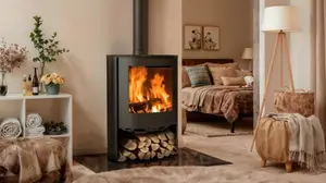 Poêle à bois 6,7KW noir mat, double combustion, TAHOE avec rangement intégré