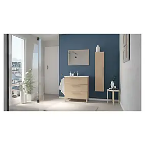 Meuble sous vasque à poser 80 cm effet bois avec plan vasque et miroir, Ondee Pallas