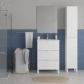 Ensemble meuble vasque blanc mat l.60 cm + plan vasque blanc en céramique + miroir, Otto