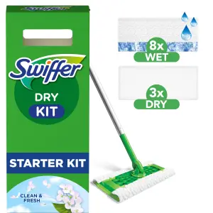 SWIFFER Balai attrape-poussière kit de démarrage lingette sèche et imprégnée 1 balai 8 lingettes sèches 3 lingettes imprégnées