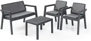 Salon de jardin 4 places effet rotin gris avec table basse fauteuils empilables