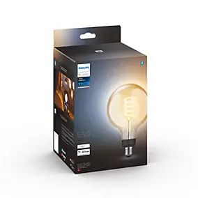 Ampoule LED E27 globe filament ambré connectée blanc chaud 550 lm dimmable 7W Philips Hue