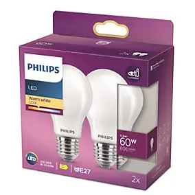 2 ampoules LED E27 A60 dépoli 806 lm blanc chaud 5,9W Philips
