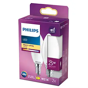 2 ampoules LED E14 flamme dépoli 260 lm blanc chaud 1,9 W Philips