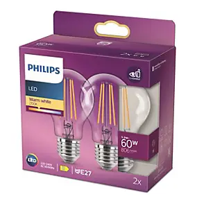 2 ampoules LED E27 filament transparent 806 lm blanc chaud 5,9W Philips