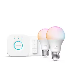 Kit démarrage éclairage connecté E27, 2 ampoules LED RGB + blanc 806 lm, pont Hue Bridge et variateur sans fil Philips Hue