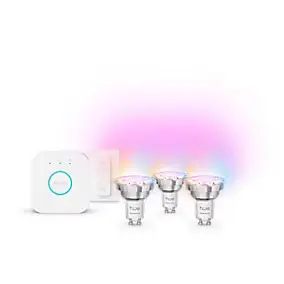 Kit démarrage éclairage connecté GU10, 3 spots LED RGB + blanc 345 lm, pont Hue Bridge et variateur sans fil Philips Hue Essential