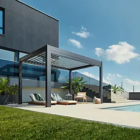 Pergola bioclimatique autoportée aluminium gris métallique toit en argent Biohort 3 x 3 m