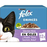 Pâtée émincé en gelée poulet, thon, saumon pour chat adulte