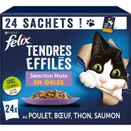 Pâtée effilés gelée poulet, bœuf, saumon pour chat adulte