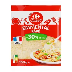 Fromage Râpé Emmental Réduit en Sel -30% Carrefour Classic 150g