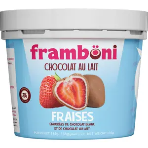 FRAMBONI FRAISES ENROBEES DE CHOCOLAT AU LAIT ET BLANC 135G
