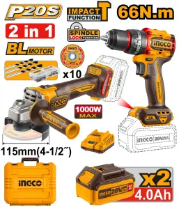 INGCO PACK 2 MACHINES MEULEUSE+VISSEUSE 66NM 20V 2X4AH AU MAROC [CKLI20273]