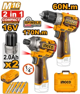 INGCO PACK 2 MACHINE 16V VISSEUSE PERCEUSE 60 NM ET VISSEUSE A CHOCS [COSLI240968] AU MAROC