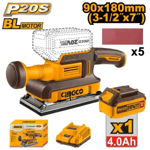 INGCO PONCEUSE VIBRANTE BRUSHLESS 20V 90X180MM 1BATTERIE+CHARGEUR AU MAROC [CFSLI20311]