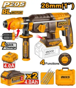 INGCO MARTEAU PERFORA MANDR AUTO 20V 26MM 2BAT 4A+CH AU MAROC [CRHLI202689]