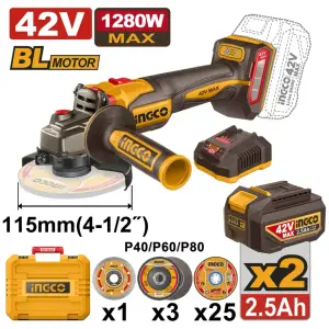INGCO MEULEUSE D'ANGLE SANS FIL 115MM 42V 1280W AVEC 2 BATTERIES ET CHARGEUR AU MAROC [CAGLI4128112]