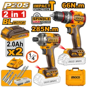 INGCO PACK 2 MACHINE VISSEUSE/PERC BRUSHLESS 66NM+CLE A CHOC 20V INGCO AU MAROC [CKLI20277]