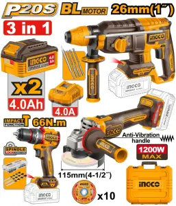 INGCO PACK DE 3 MACHINES INGCO MARTEAU+VISSEUSE+MEULEUSE 2BAT 4AH AU MAROC [CKLI202598]