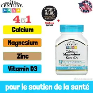 21st Century Calcium Magnésium Zinc + Vitamin D3, 90 Comprimés+Stickers Gratuit