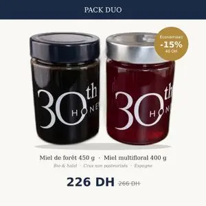 30th HONEY Pack duo miels bio et halal 850 g - Miel de forêt 450 g + Miel multifloral 400 g - Certifiés biologiques Europe - Crus non pasteurisés d'Espagne
